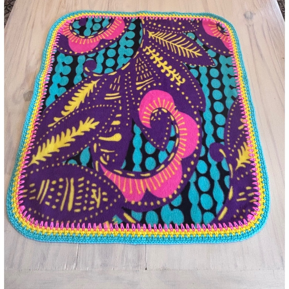 Handmade Fleece‎ Baby Blanket Purple Pink Teal Abstract Print Crochet Trim 29x25